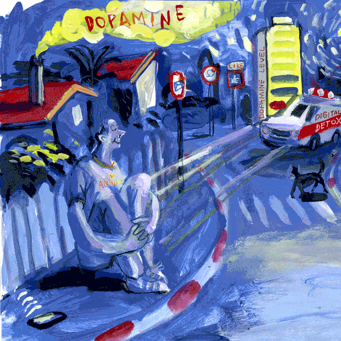 Illustrations by Marina Grechanik, Credit: none An illustration of a person sitting on the sidewalk, surrounded by buildings and cars and signs.