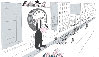Illustration., Credit: Amos Biderman GIF: Netanyahu is hanging from a clock as politicians watch.