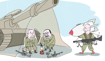 Illustration by Amos Biderman Lieberman, Netanyahu and Bennett making coffee under a tank