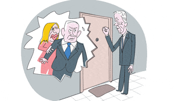 Illustration: Benny Gantz knocks on Benjamin and Sara Netanyahu's door.