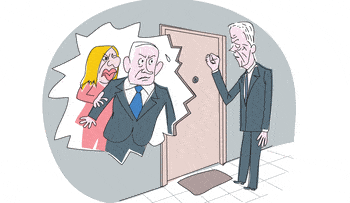 Illustration., Credit: Amos Biderman Illustration: Benny Gantz knocks on Benjamin and Sara Netanyahu's door.