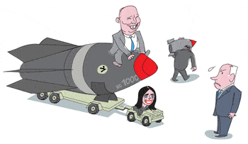 Illustration. , Credit: Amos Biderman Illustration: Bennett is sitting on one missile, Lieberman walks away with another as Netanayhu worriedly watches.