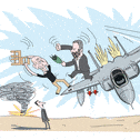 Illustration: Olmert and Barak fight standing on top of a fighter jet, as Assad watches from below. 
