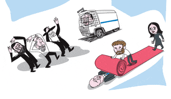 Illustration: Lieberman points a water cannon at ultra-Orthodox politicians. Smotrich rolls out the red carpet for Shaked, Burying Bennett. 