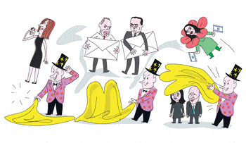 Illustration., Credit: Amos Biderman Illustration: Netanyahu the magician makes Bennett and Shaked disappear.