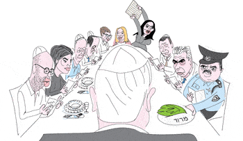 Netanyahu heads a Passover seder table with politicians and police. 