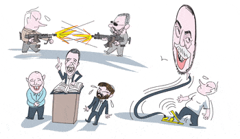 Illustration: Netanyahu blows Lieberman head like a balloon; Netanyahu and Barak exchange fire.