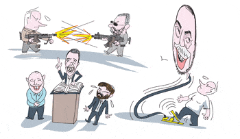 Illustration., Credit: Amos Biderman Illustration: Netanyahu blows Lieberman head like a balloon; Netanyahu and Barak exchange fire.