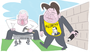 Illustration: MK Akunis writes "McCarthy was right" on a wall while President Rivlin watches over the Knesset with a hammer., Credit: Amos Biderman Illustration: MK Akunis writes "McCarthy was right" on a wall while President Rivlin watches over the Knesset with a hammer.