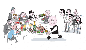 Illustration., Credit: Amos Biderman Netanyahu serves food to his coalition partners as his party members drool.