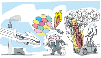 Illustration: Protests, incendiary balloons and a plane landing take place around Netanyahu.
