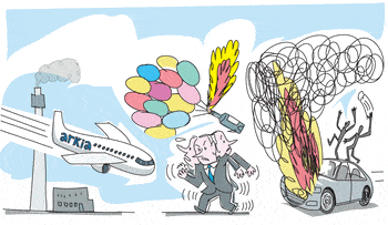 Illustration., Credit: Amos Biderman Illustration: Protests, incendiary balloons and a plane landing take place around Netanyahu.