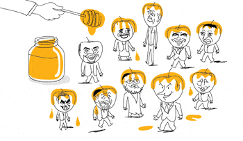 Illustration., Credit: Amos Biderman Illustration: Honey-covered politicians with apple-shaped heads.