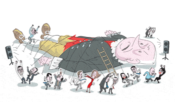 Illustration: Netanyahu is Gulliver and other Israeli lawmakers are Lilliputians having a dance party around him. 
