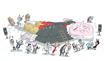 Illustration: Netanyahu is Gulliver and other Israeli lawmakers are Lilliputians having a dance party around him. , Credit: Amos Biderman Illustration: Netanyahu is Gulliver and other Israeli lawmakers are Lilliputians having a dance party around him.
