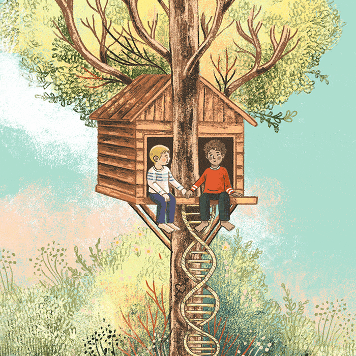 Gif: Two boys holding hands in a tree house. 