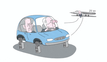 Illustration. , Credit: Amos Biderman Gif: Netanyahu walks away from a fighter jet and toward a car with Rivlin and Gantz.