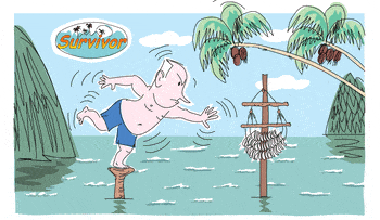 An illustrated GIF depicting Netanyahu reaching for a tribal necklace in a tropical scene from the "Survivor" reality show. 