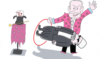 Illustration: Netanyahu the magician makes a Druze man levitate.