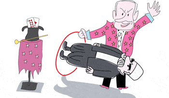 Illustration, Credit: Amos Biderman Illustration: Netanyahu the magician makes a Druze man levitate.