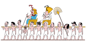 Illustration: Ministers and Knesset members in loin clothes carry pharaoh Benjamin Netanyahu and his wife Sara.
