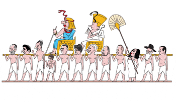 Illustration. , Credit: Amos Biderman Illustration: Ministers and Knesset members in loin clothes carry pharaoh Benjamin Netanyahu and his wife Sara.