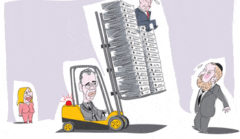 Illustration. , Credit: Amos Biderman Netanyahu, sweating, sits atop a pile of binders.