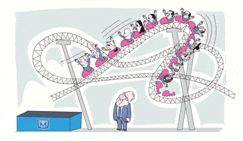 Illustrated Gif: Politicians ride a roller coaster before dropping into a ballot box as Rivlin watches. 