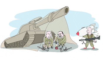 Netanyahu, Lieberman and Bennett, in military uniform, sit around under a tank.