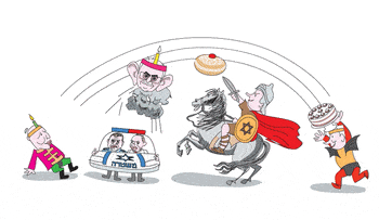 Illustration., Credit: Amos Biderman GIF: Netanyahu launches a cake at Bennett's face.