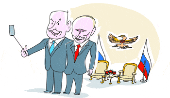 Illustration. , Credit: Amos Biderman Netanyahu takes selfies with Putin and Trump.