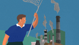 An illustration of a man trying to catch factory chimney smoke with a butterfly net, in the style of vintage Isaeli posters