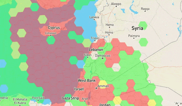 GPS jamming in Israel and surrounding areas, as observed in recent weeks by gpsjam.org